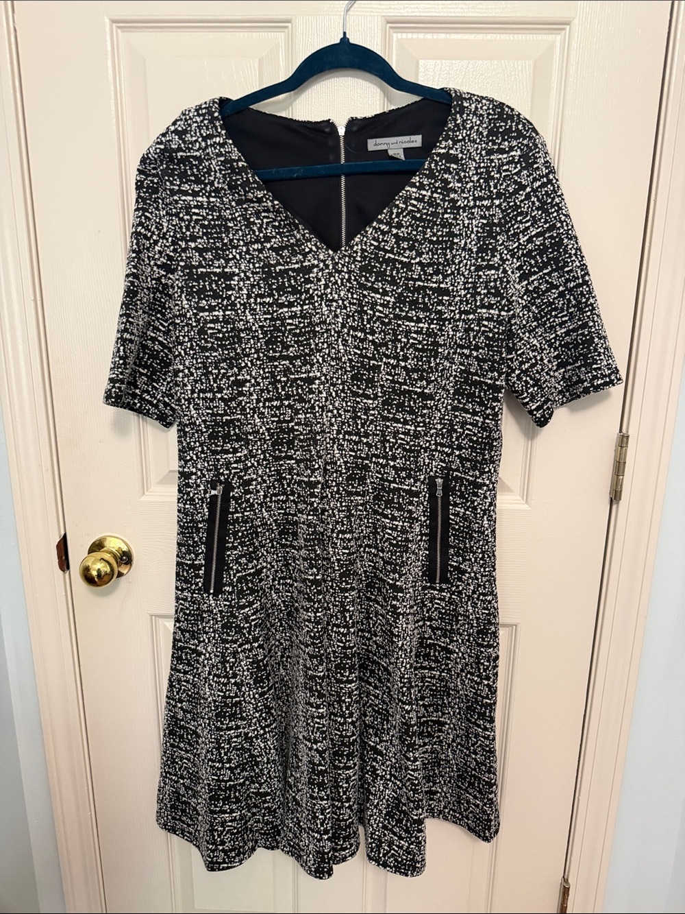 Danny & Nicole Black and White Textured V-Neck Midi Dress